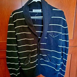 Men's Black & White Striped Cardigan Sweater M Shawl Collar NWT